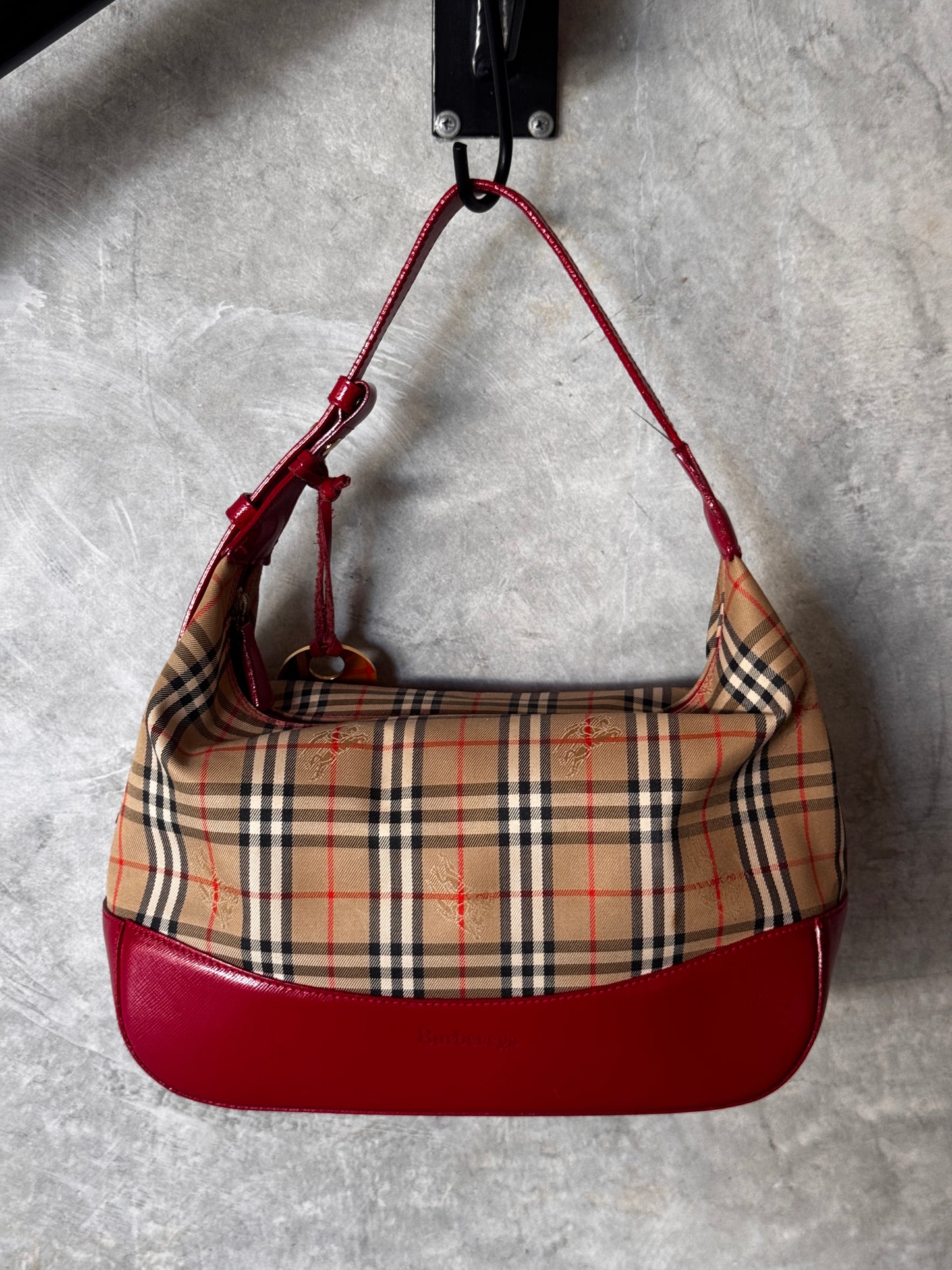 VINTAGE BURBERRY CHECK CANVAS / RED LEATHER BAG