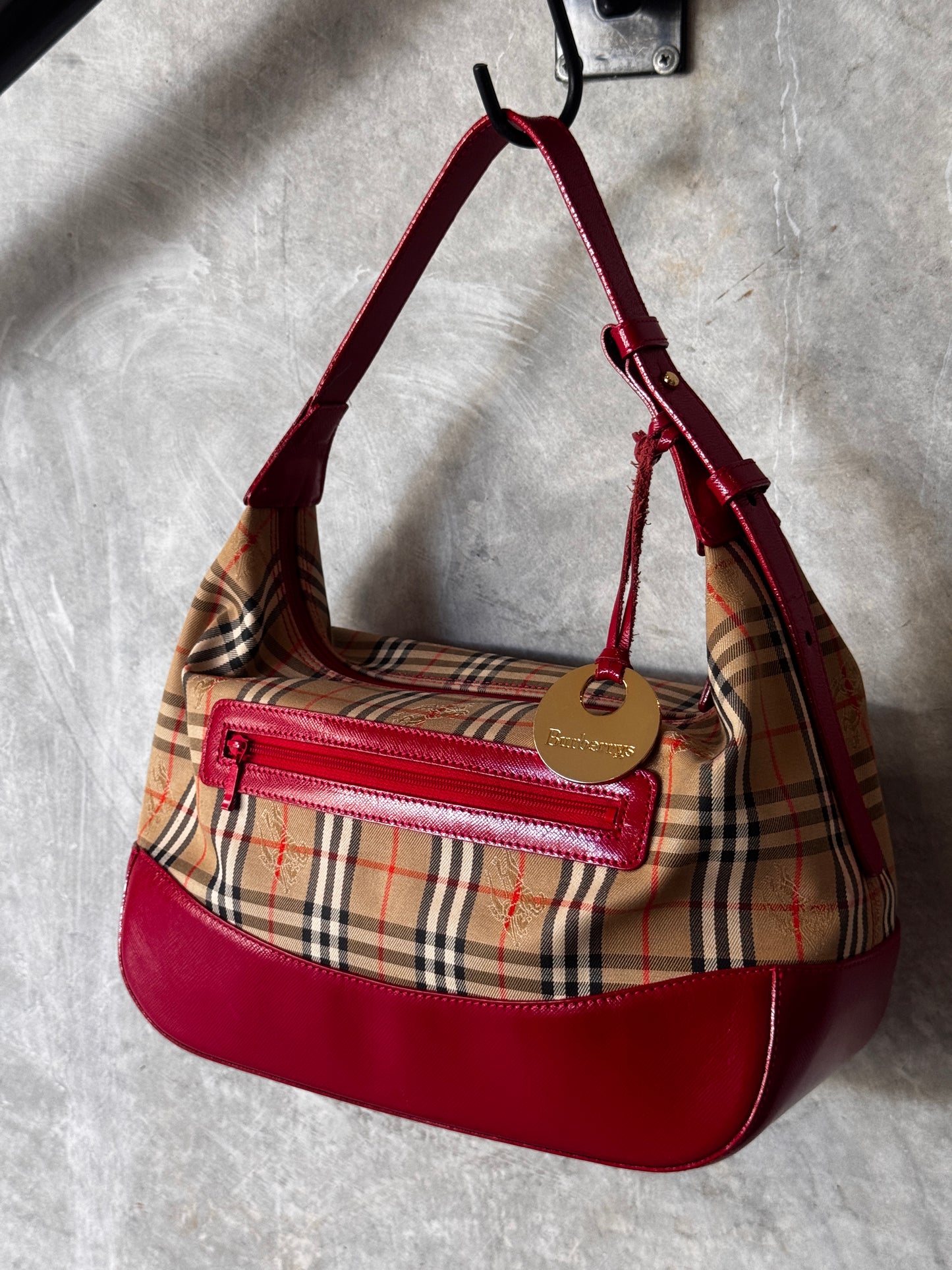 VINTAGE BURBERRY CHECK CANVAS / RED LEATHER BAG