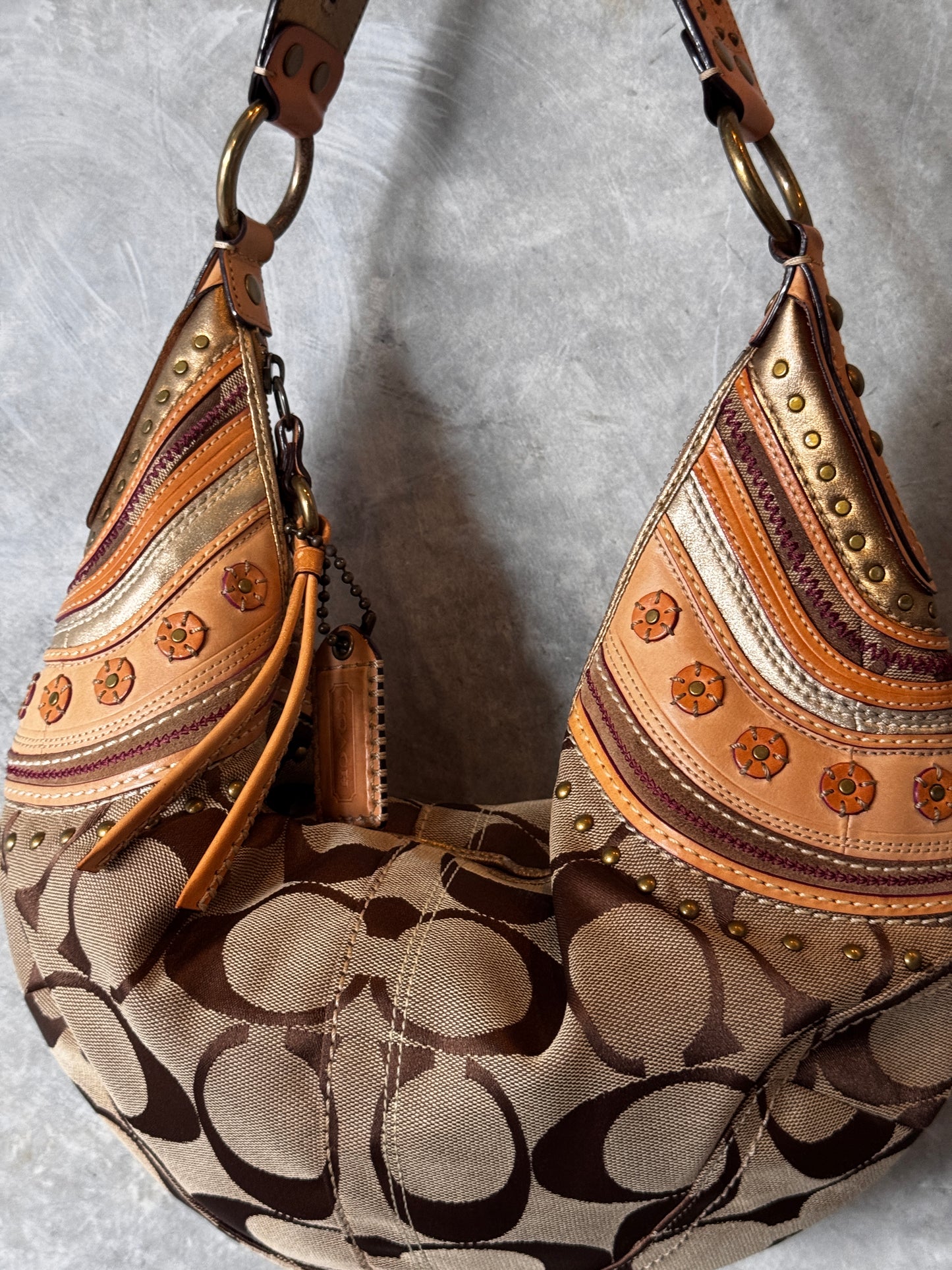 VINTAGE COACH BOHEMIAN DETAIL MONOGRAM HALF MOON SHOULDER BAG