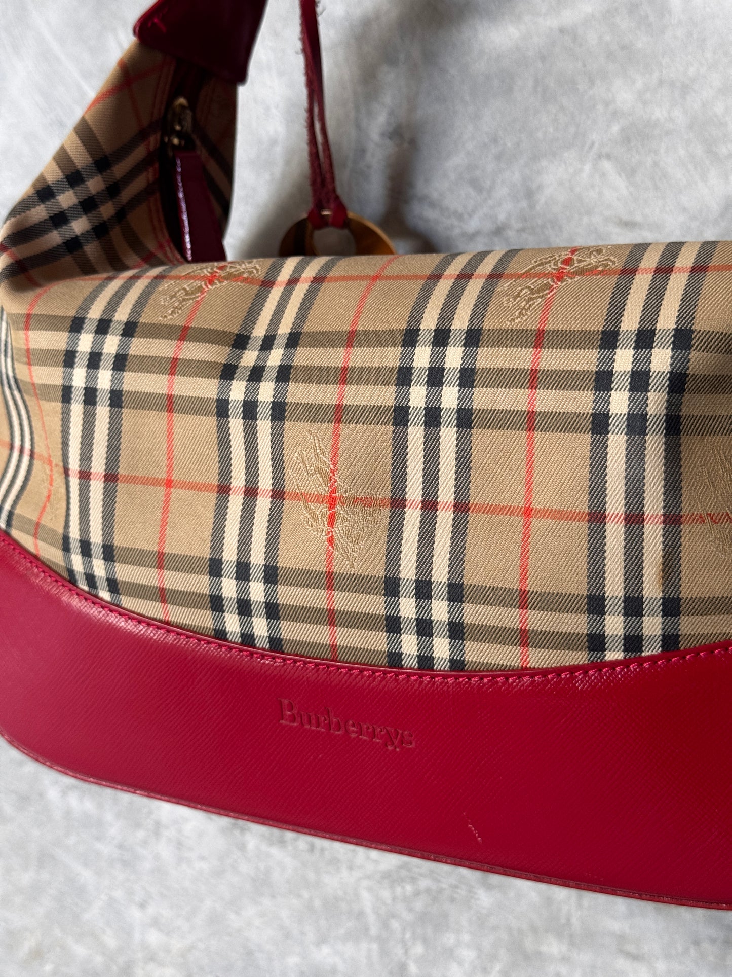 VINTAGE BURBERRY CHECK CANVAS / RED LEATHER BAG