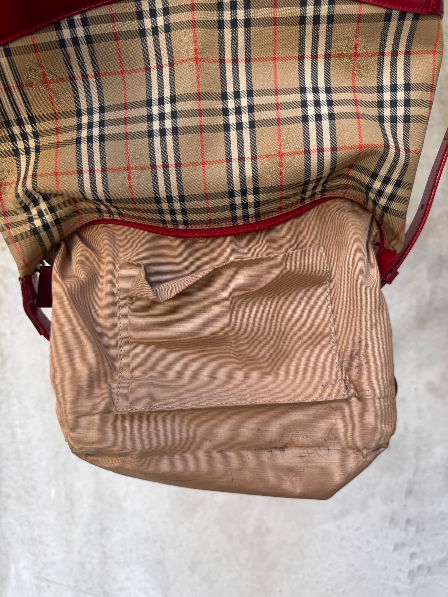 VINTAGE BURBERRY CHECK CANVAS / RED LEATHER BAG