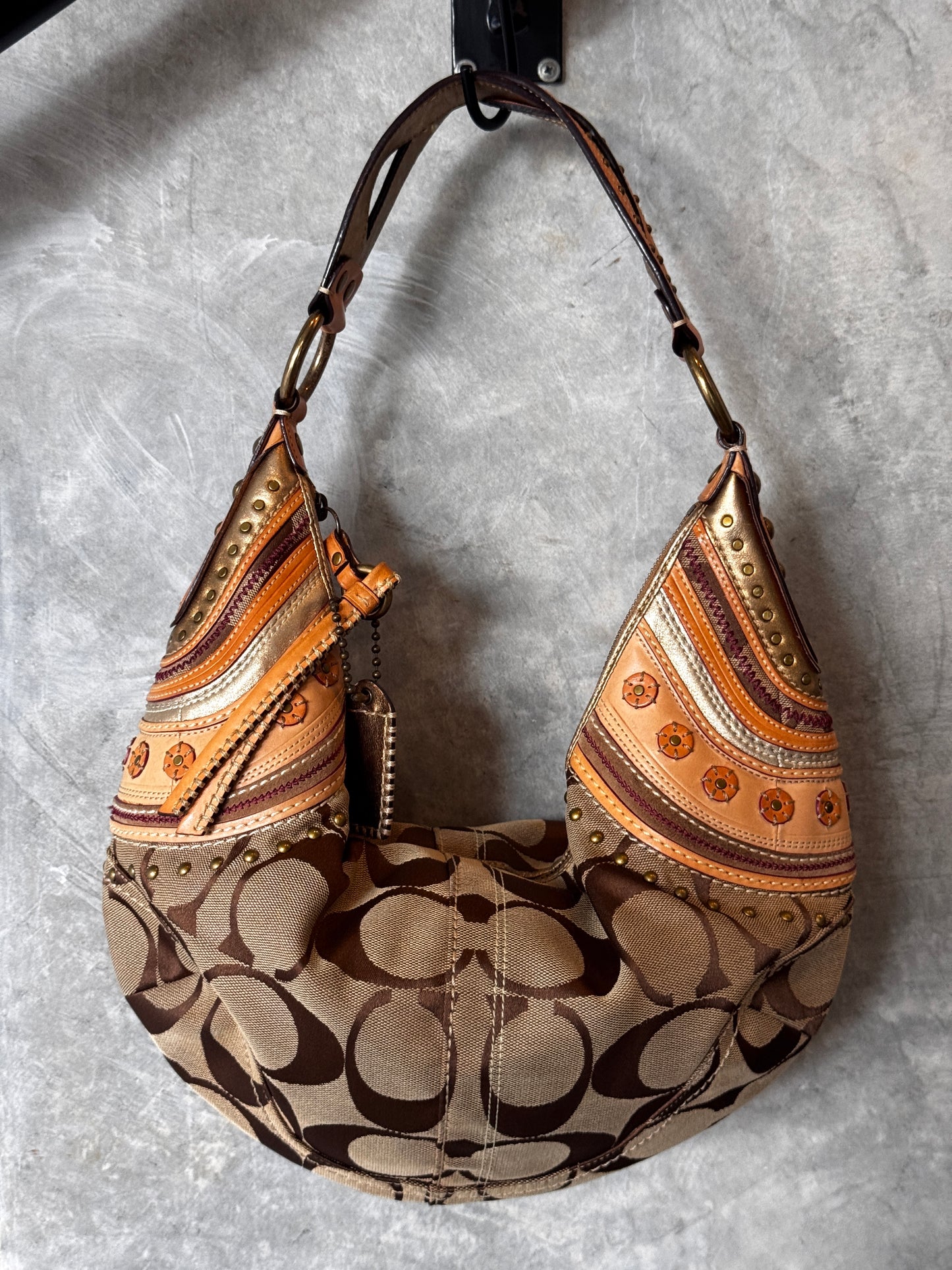 VINTAGE COACH BOHEMIAN DETAIL MONOGRAM HALF MOON SHOULDER BAG