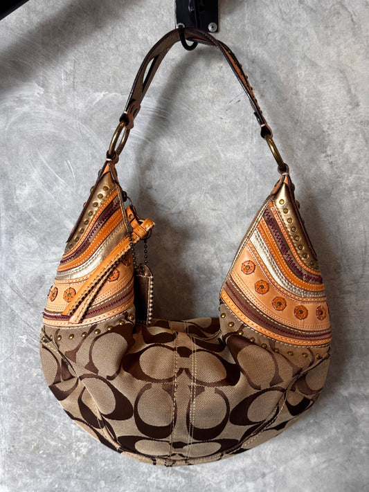 VINTAGE COACH BOHEMIAN DETAIL MONOGRAM HALF MOON SHOULDER BAG