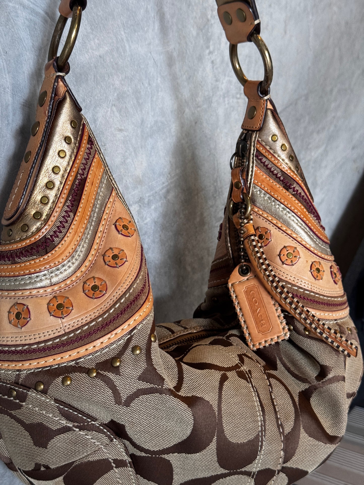 VINTAGE COACH BOHEMIAN DETAIL MONOGRAM HALF MOON SHOULDER BAG
