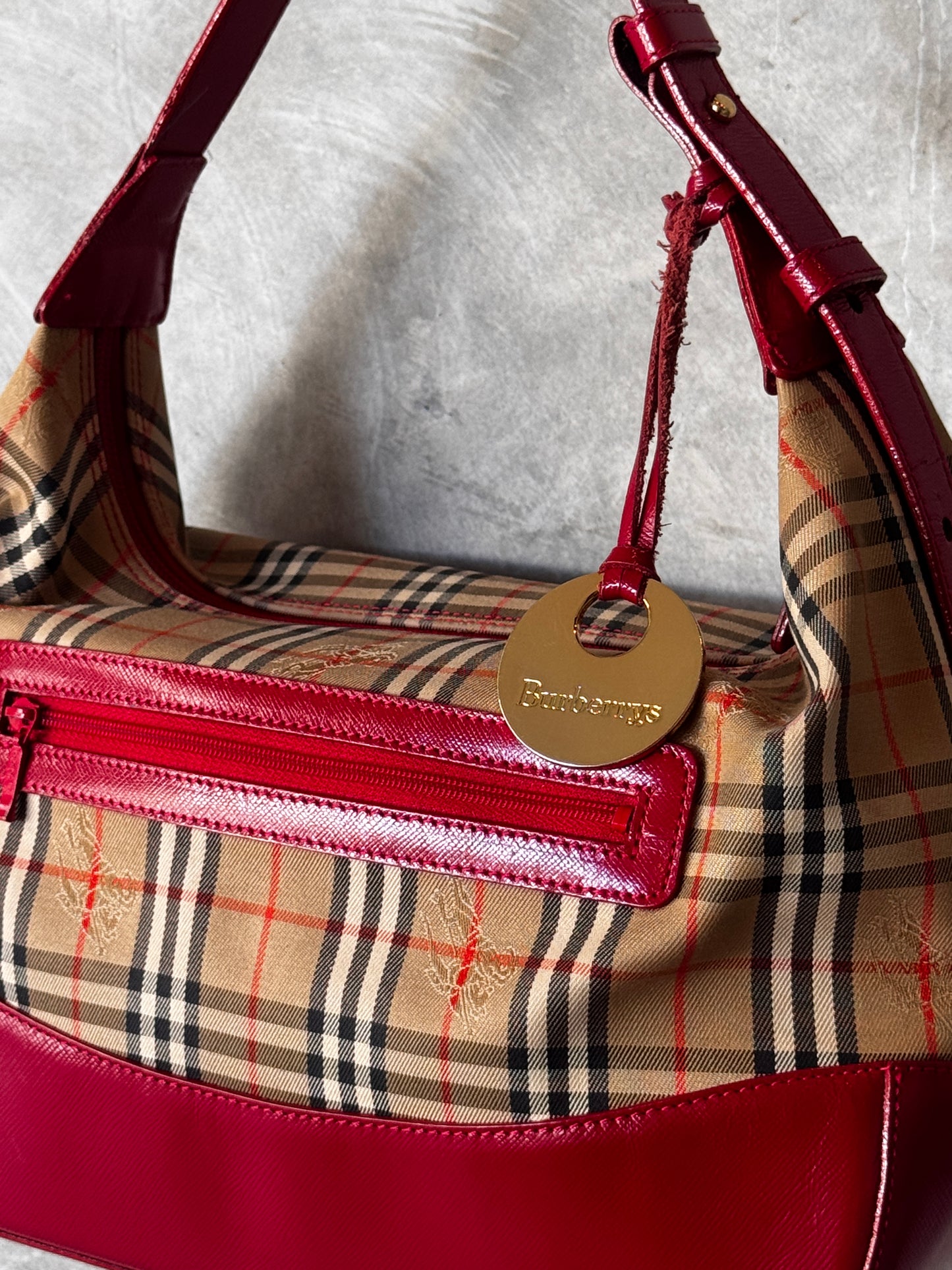VINTAGE BURBERRY CHECK CANVAS / RED LEATHER BAG