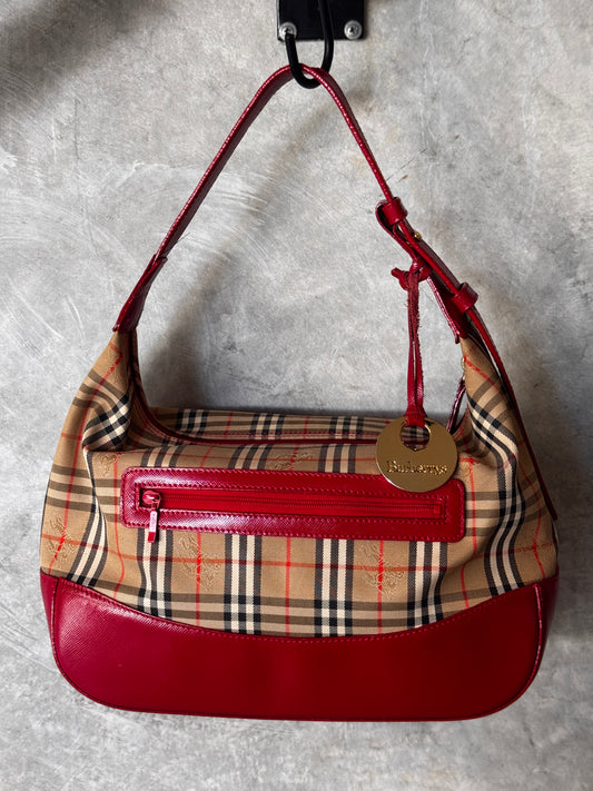 VINTAGE BURBERRY CHECK CANVAS / RED LEATHER BAG