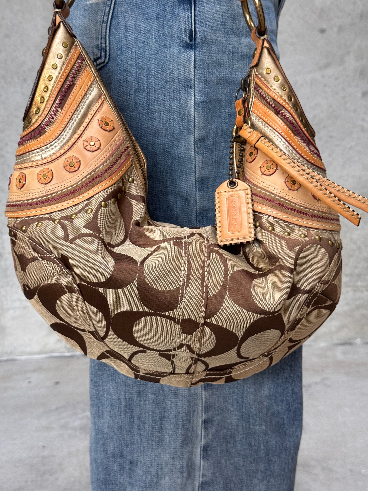 VINTAGE COACH BOHEMIAN DETAIL MONOGRAM HALF MOON SHOULDER BAG