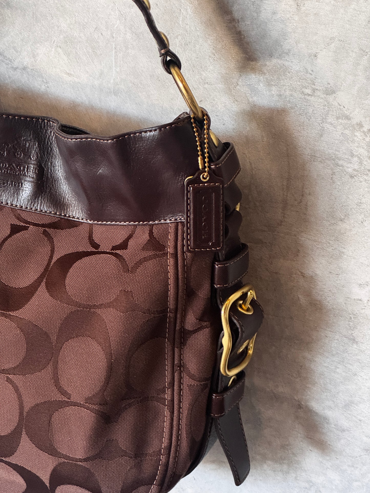 COACH BROWN SIGNATURE CANVAS AND LEATHER ZOE HOBO
