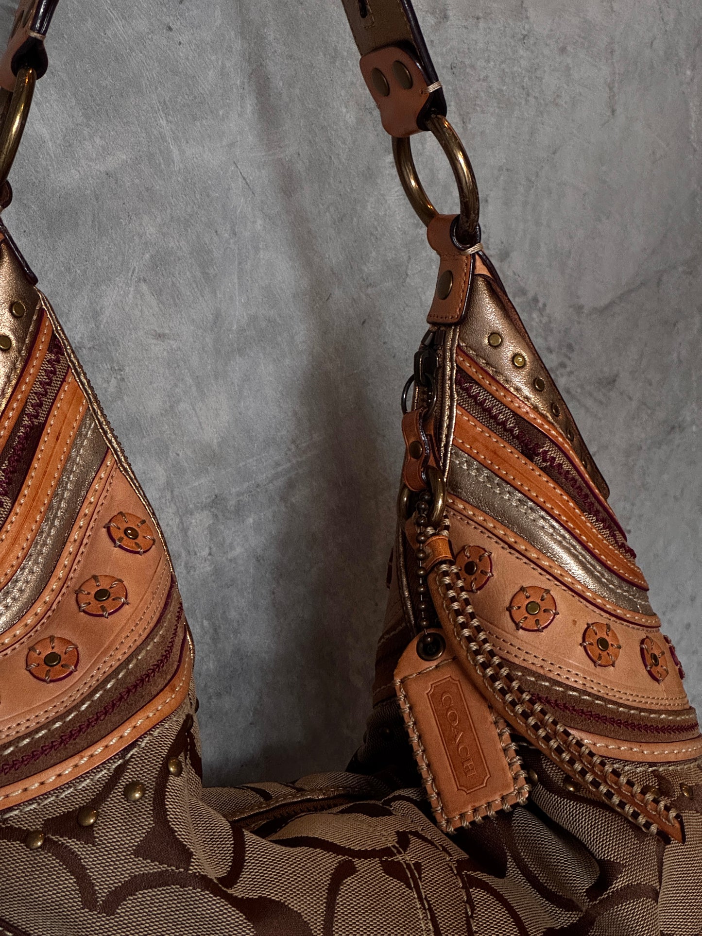 VINTAGE COACH BOHEMIAN DETAIL MONOGRAM HALF MOON SHOULDER BAG