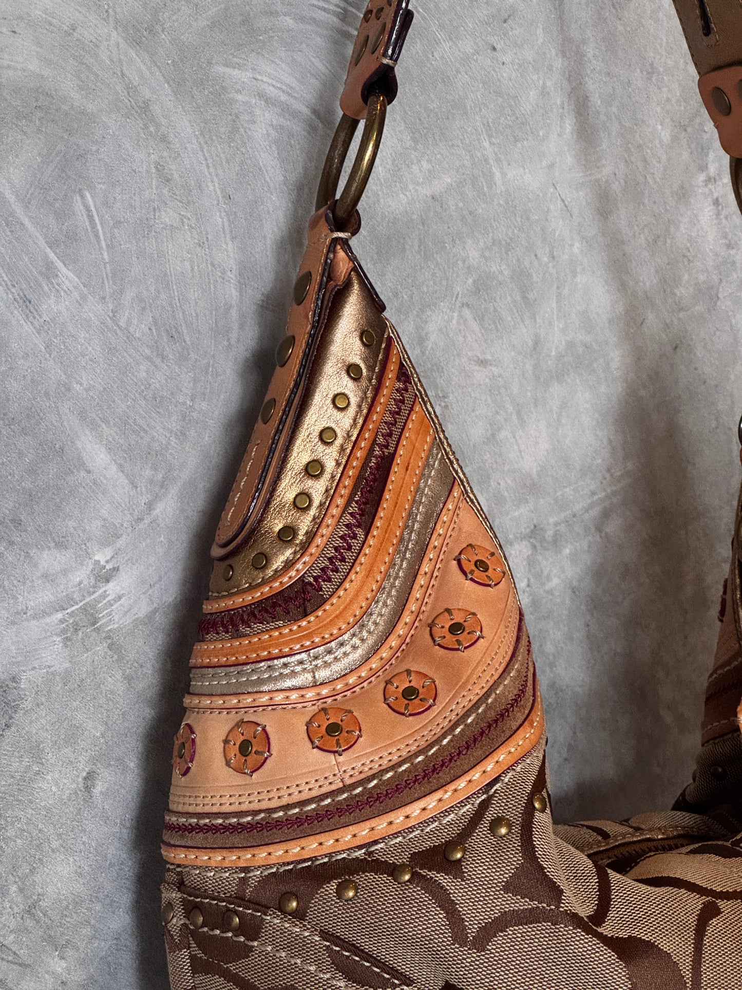 VINTAGE COACH BOHEMIAN DETAIL MONOGRAM HALF MOON SHOULDER BAG