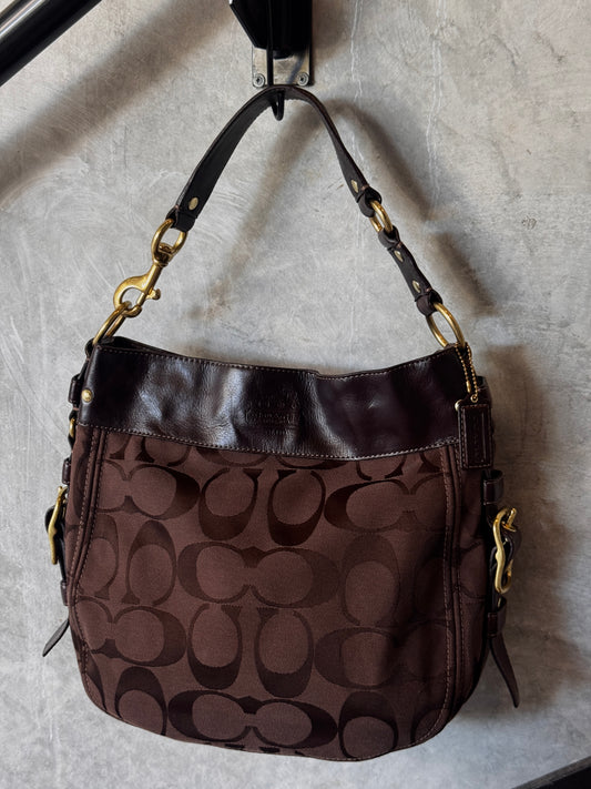 COACH BROWN SIGNATURE CANVAS AND LEATHER ZOE HOBO